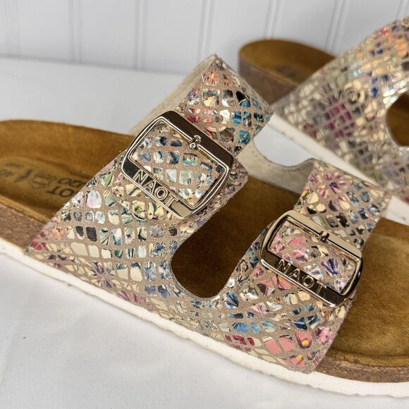 NAOT Santa Barbara Sz 9 Leather Slide w Buckle  Metallic Mosaic Snake Colorful - Picture 3 of 8